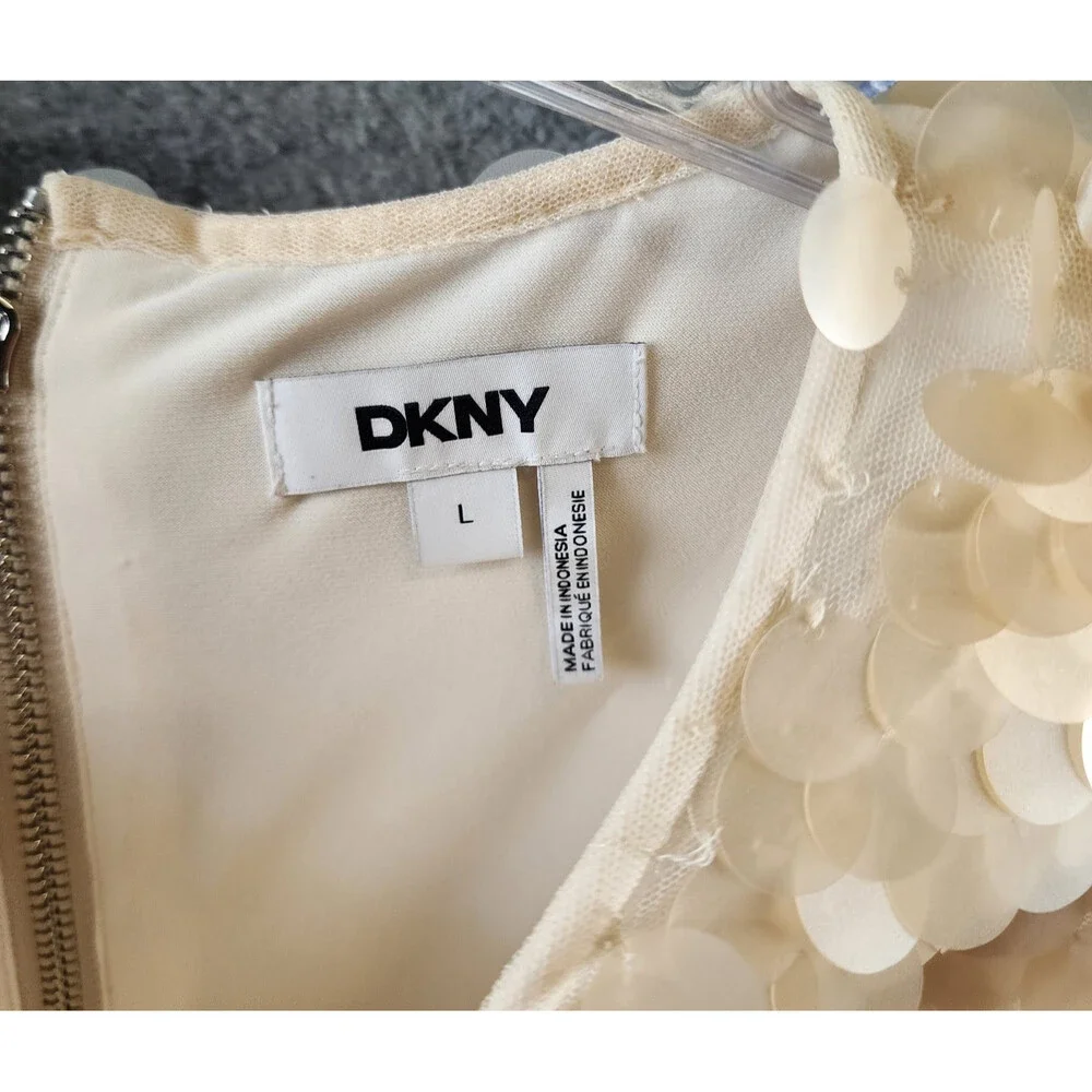 DKNY Piallettes Short-Sleeve Shift Dress Women's L Chino Khaki Back Zip Closure